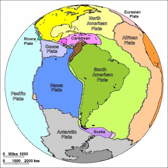 Placas tectônicas do continente americano. No sul está a pequena placa de Scotia, que separa a placa antártica da placa sul-americana